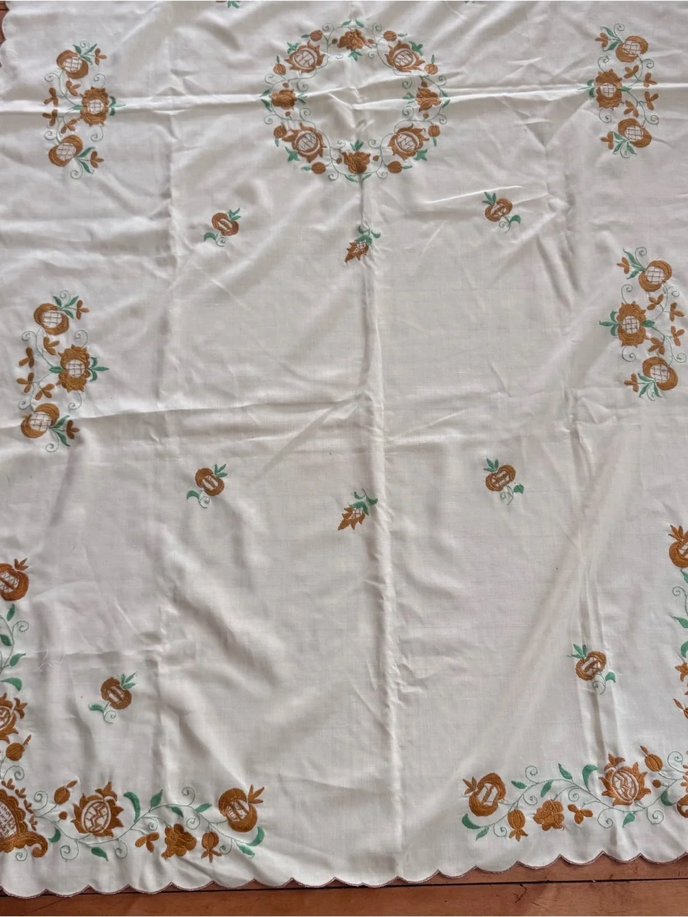 Vintage Floral Yellow gold & Green cotton tablecloth embroidered crewel large